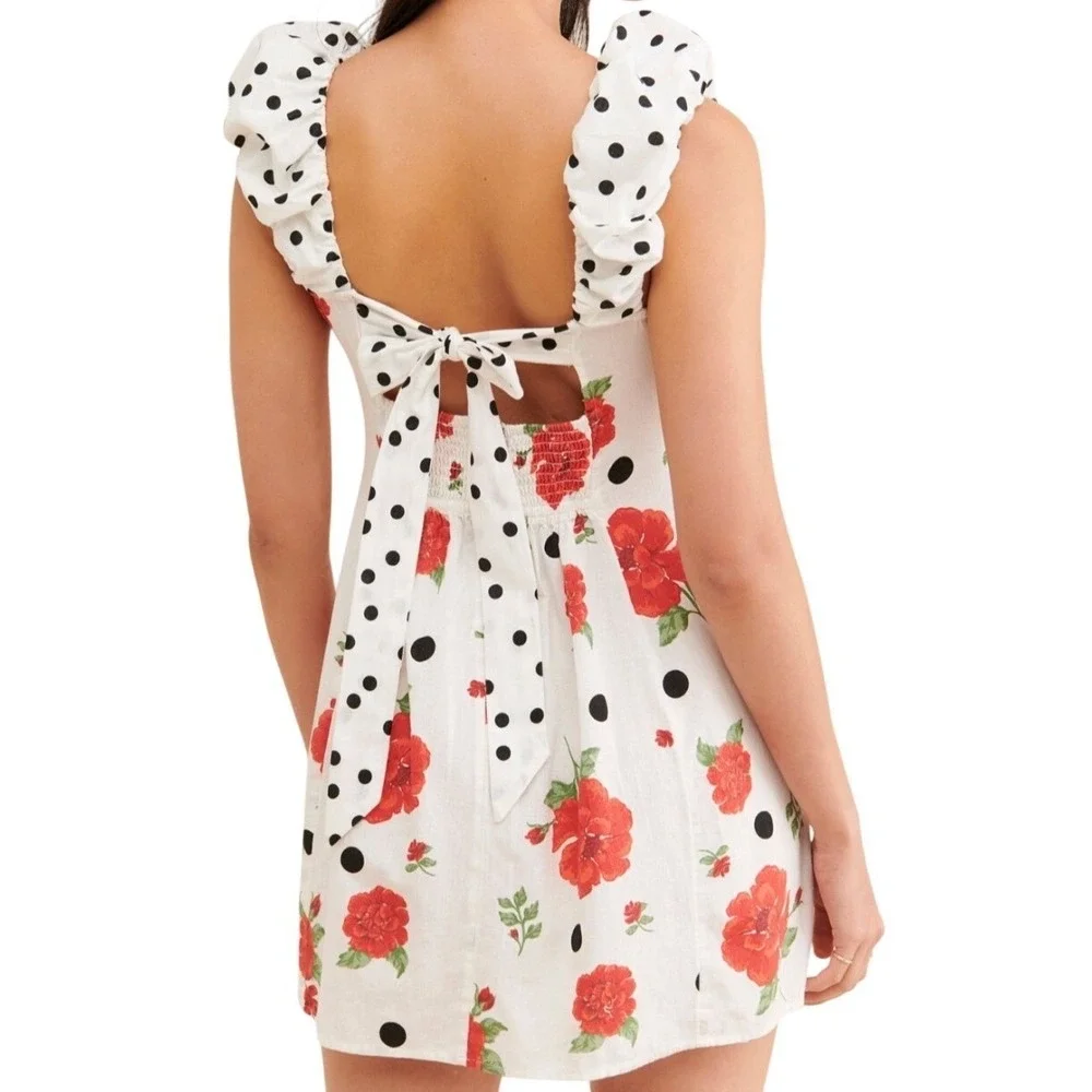 Free People Polka Dot Floral Mini Dress White Red Ruffle Cutout Tie Back Small S